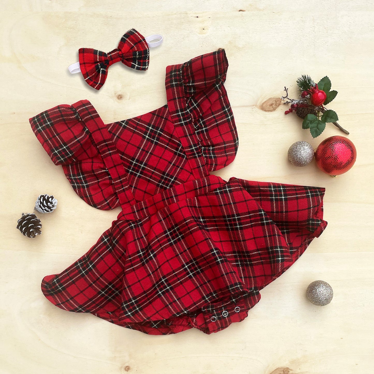 Baby Girl Dress Tartan Plaid with Headband for First Christmas