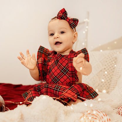 Baby Girl Dress Tartan Plaid with Headband for First Christmas