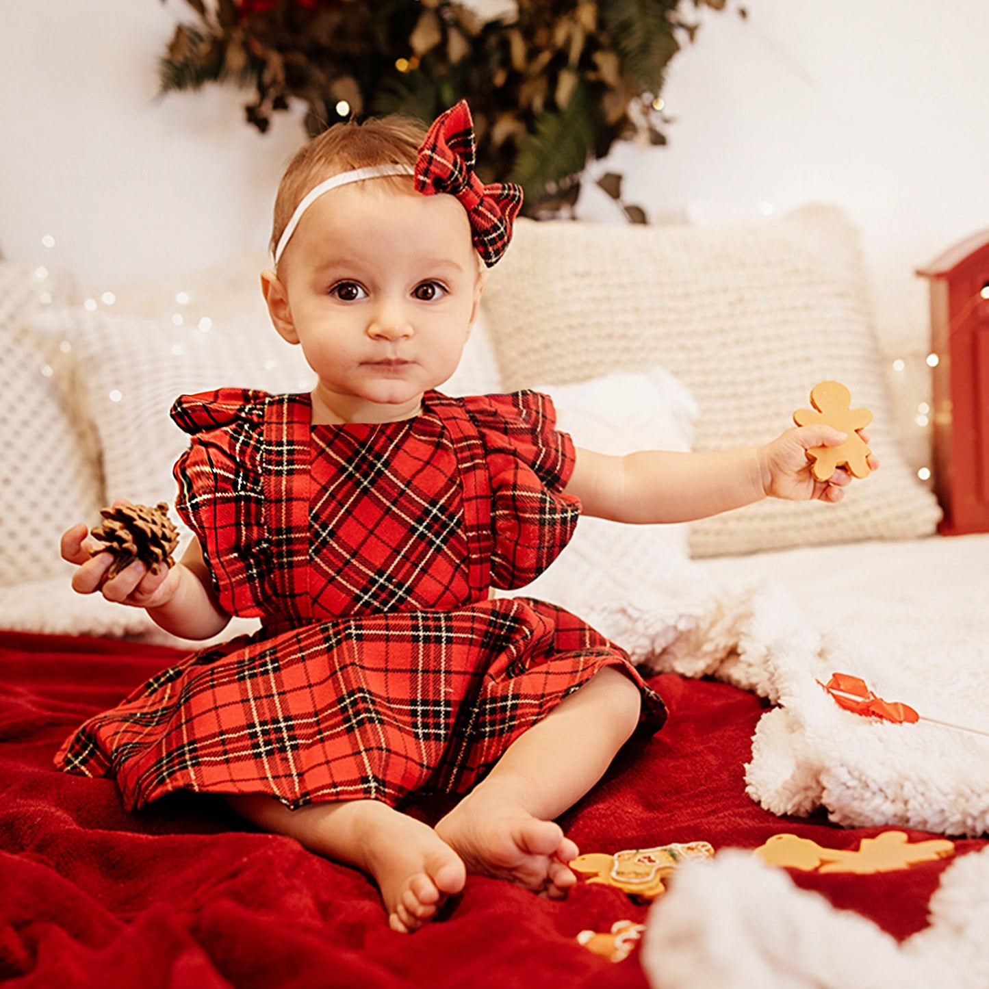 Baby Girl Dress Tartan Plaid with Headband for First Christmas