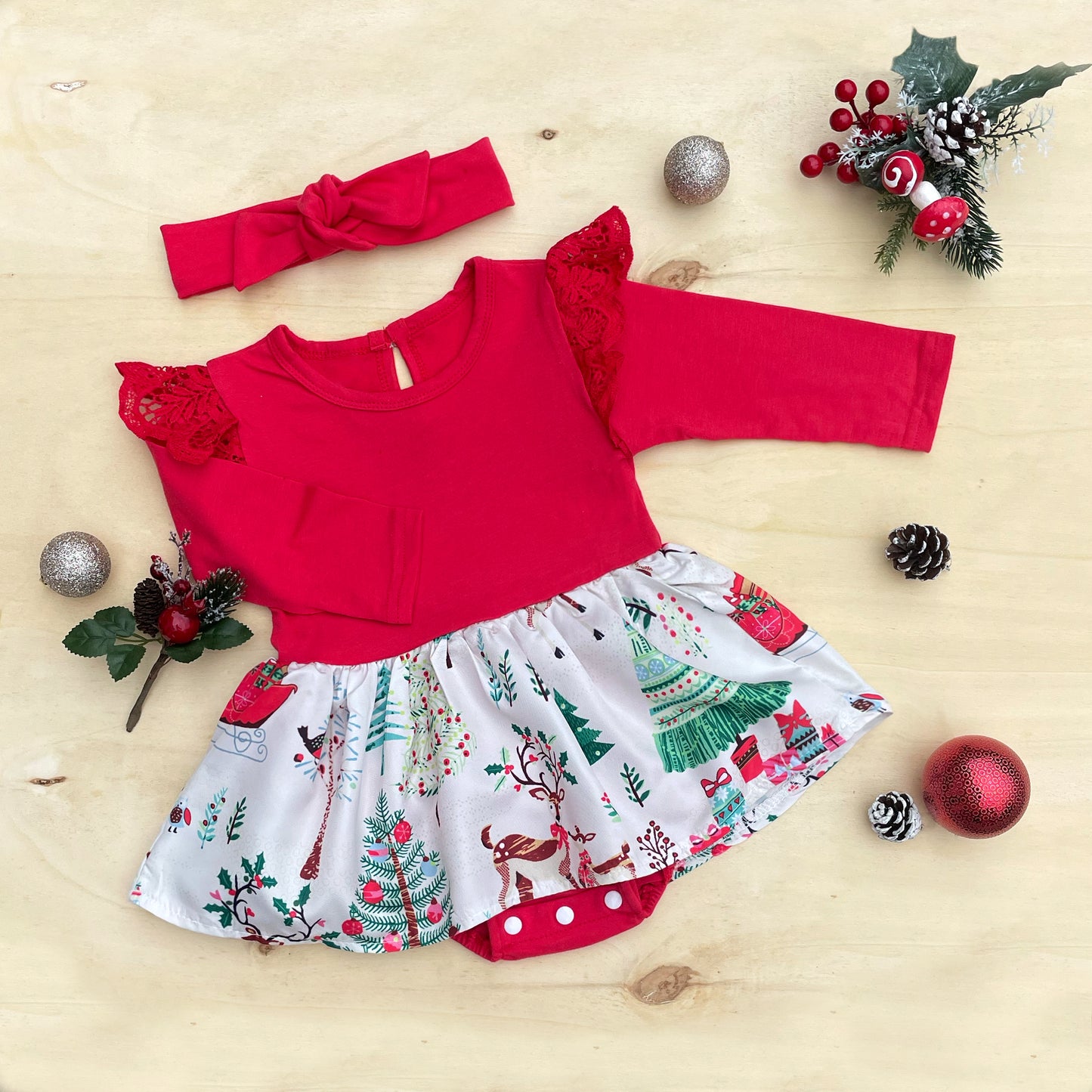 Christmas Girl Dress Long Sleeve with Headband, Red Xmas Santa Baby Romper