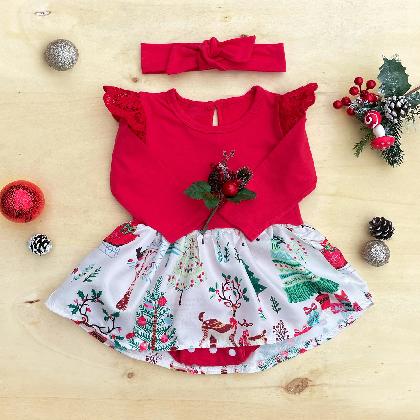 Christmas Girl Dress Long Sleeve with Headband, Red Xmas Santa Baby Romper