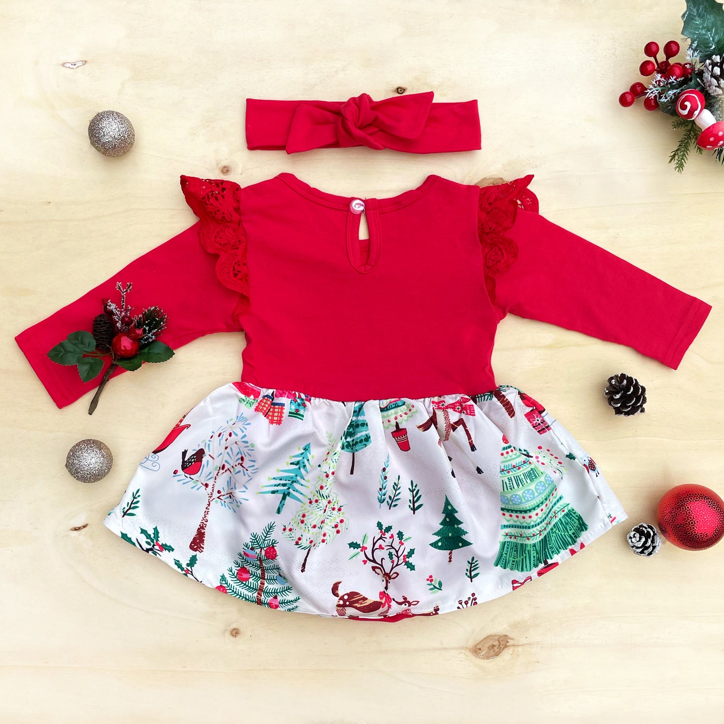 Christmas Girl Dress Long Sleeve with Headband, Red Xmas Santa Baby Romper