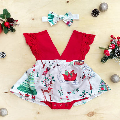 Christmas Girl Dress Long Sleeve with Headband, Red Xmas Santa Baby Romper