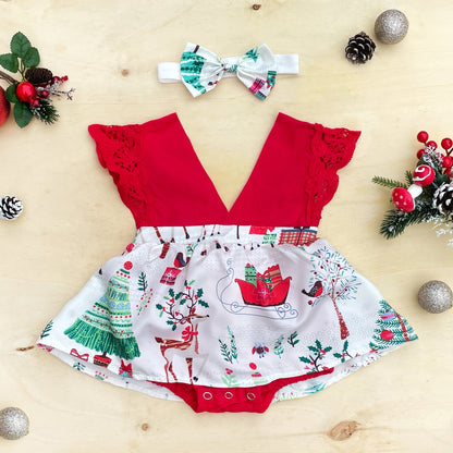 Christmas Girl Dress with Headband, Red Xmas Santa Baby Romper for Newborn & Toddler