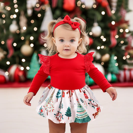 Christmas Girl Dress Long Sleeve with Headband, Red Xmas Santa Baby Romper