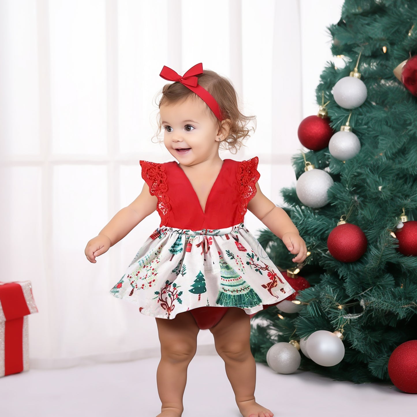 Christmas Girl Dress Long Sleeve with Headband, Red Xmas Santa Baby Romper