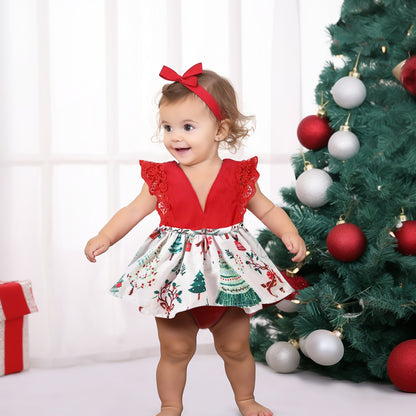 Christmas Girl Dress Long Sleeve with Headband, Red Xmas Santa Baby Romper