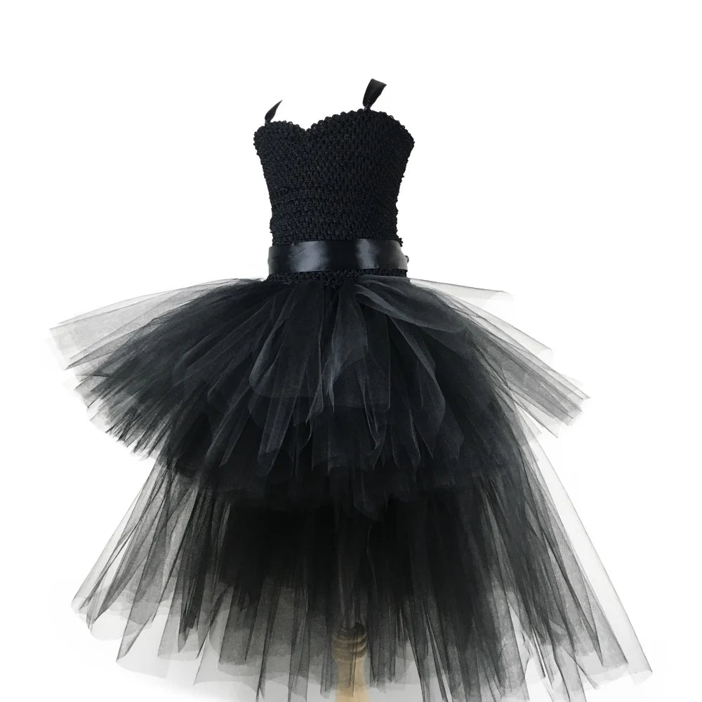 Black Tulle Tutu Dress with Long Train Skirt for Rockabilly Girls, Kids Halloween Costume or Gothic Princess Birthday Outfit