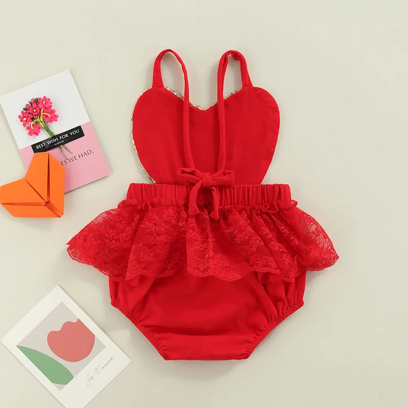 Valentines Day Baby Girl Outfit with Gold Sequin Heart, Red Lace Romper Dress