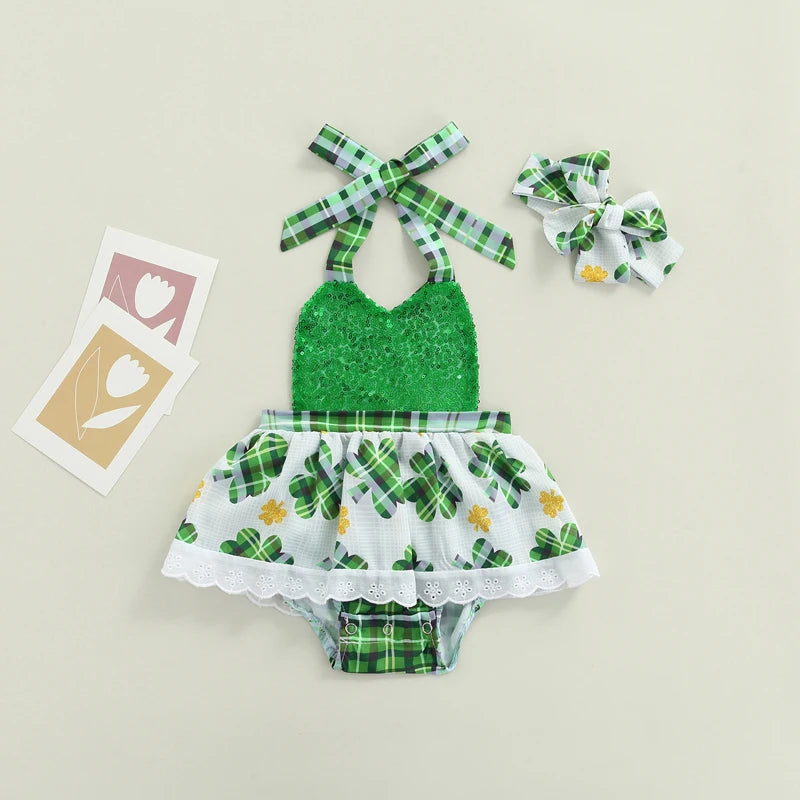 Baby Girl Romper Sundress with Gold Sequin and Lucky Clovers for St. Patricks Day for newborn and toddler girl