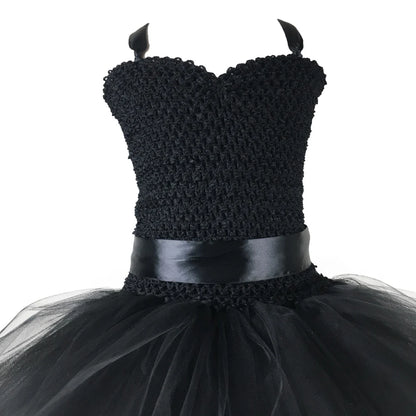 Black Tulle Tutu Dress with Long Train Skirt for Rockabilly Girls, Kids Halloween Costume or Gothic Princess Birthday Outfit