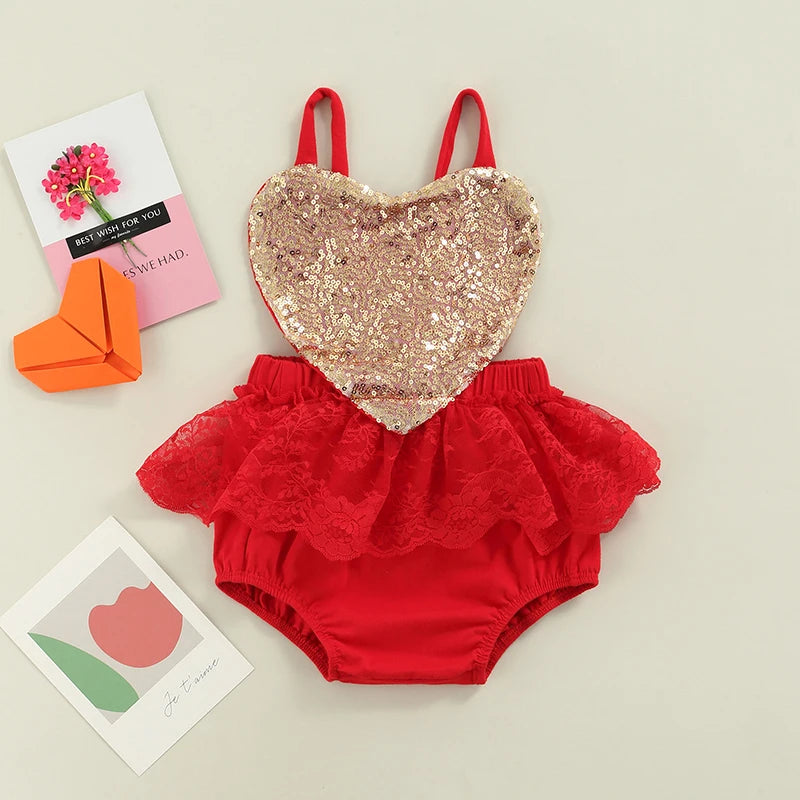 Valentines Day Baby Girl Outfit with Gold Sequin Heart, Red Lace Romper Dress