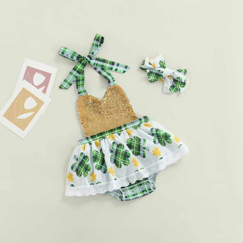 Baby Girl Romper Sundress with Gold Sequin and Lucky Clovers for St. Patricks Day for newborn and toddler girl