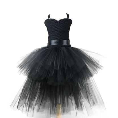 Black Tulle Tutu Dress with Long Train Skirt for Rockabilly Girls, Kids Halloween Costume or Gothic Princess Birthday Outfit