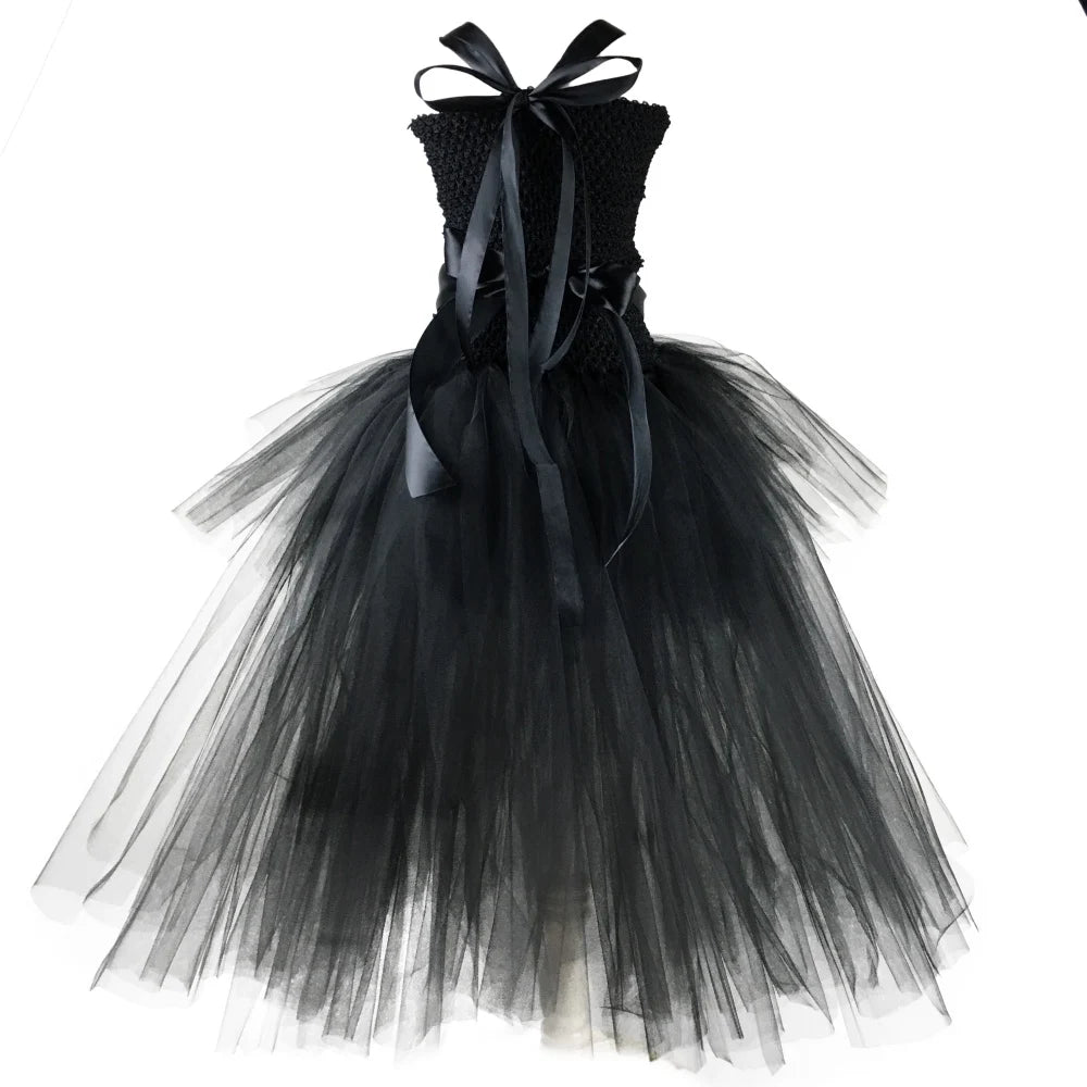 Black Tulle Tutu Dress with Long Train Skirt for Rockabilly Girls, Kids Halloween Costume or Gothic Princess Birthday Outfit