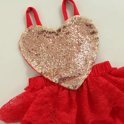 Valentines Day Baby Girl Outfit with Gold Sequin Heart, Red Lace Romper Dress