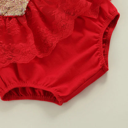 Valentines Day Baby Girl Outfit with Gold Sequin Heart, Red Lace Romper Dress