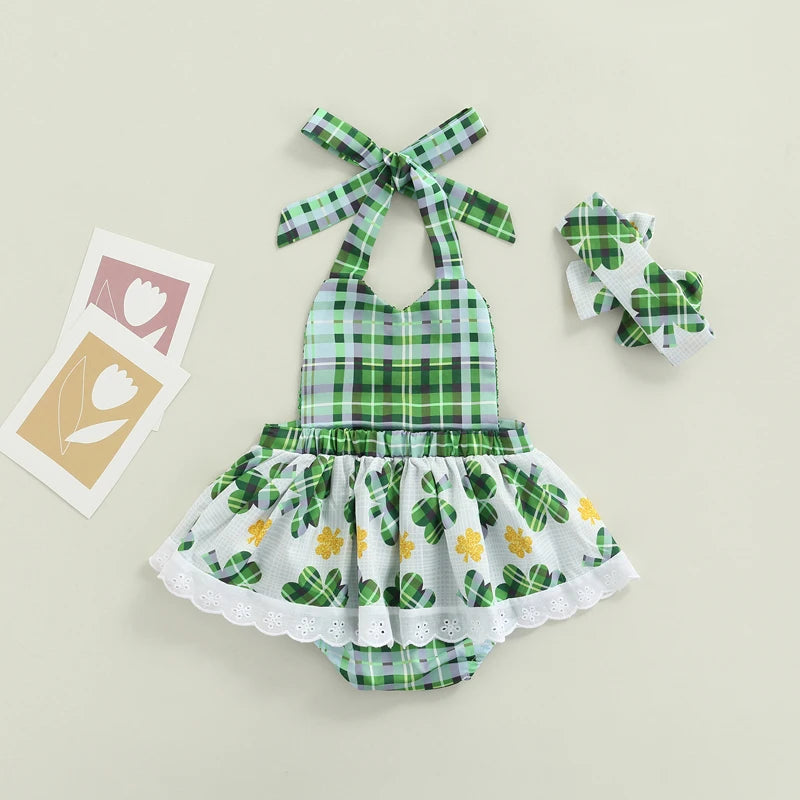 Baby Girl Romper Sundress with Gold Sequin and Lucky Clovers for St. Patricks Day for newborn and toddler girl