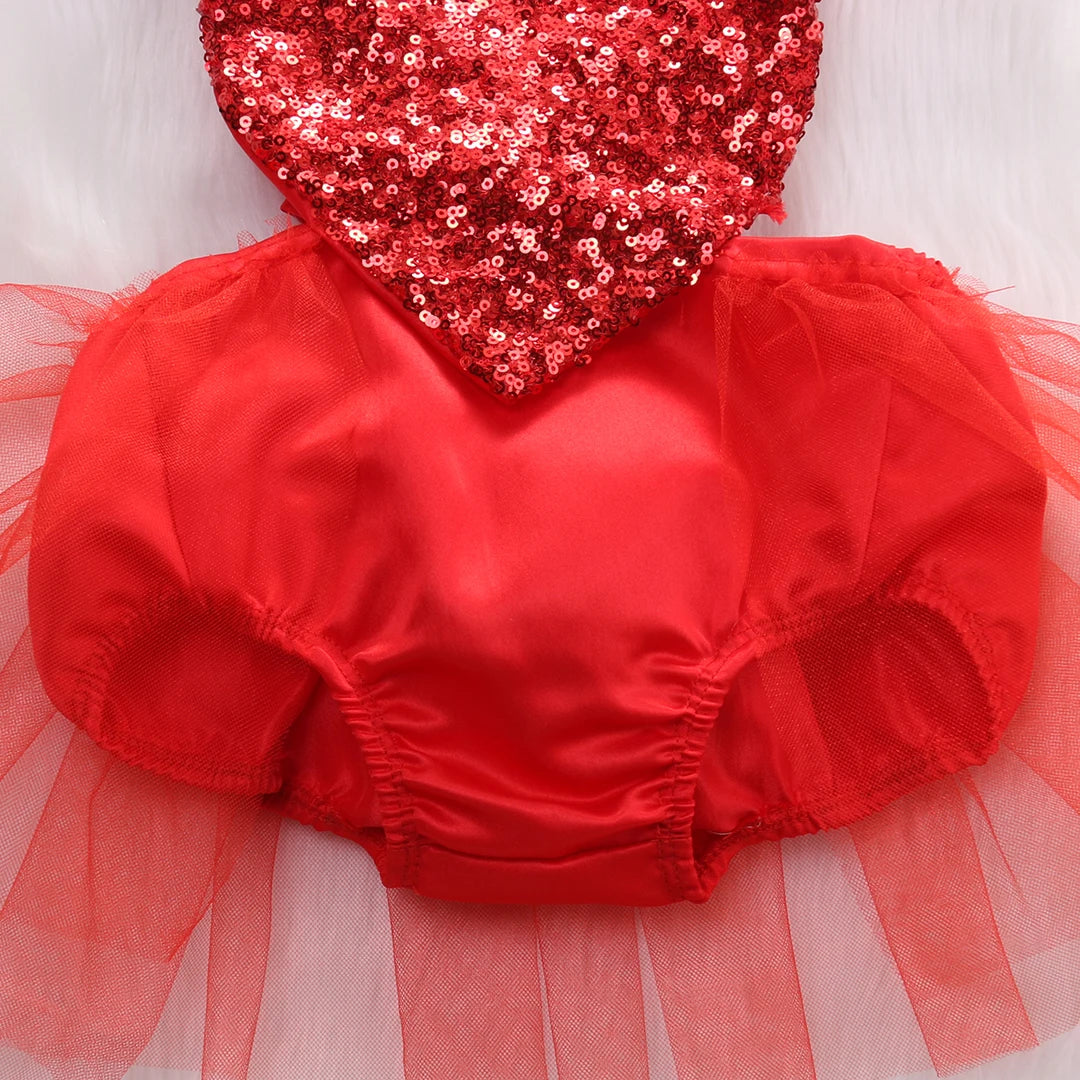 Valentines Outfit Baby Girl, Toddler Girl Red Tulle Dress Romper with Sequin Heart