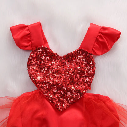 Valentines Outfit Baby Girl, Toddler Girl Red Tulle Dress Romper with Sequin Heart