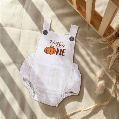 Pumpkin Baby Romper for Boy and Girl, Embroidered White Linen Overalls for Fall Halloween Cake Smash Photo, Newborn Toddler