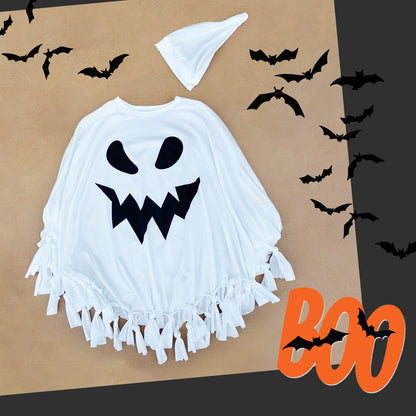 Ghost Halloween costume boy girl, Hooded cape cloak poncho black & white Trick or treat toddler, Cute spooky My first Halloween baby costume