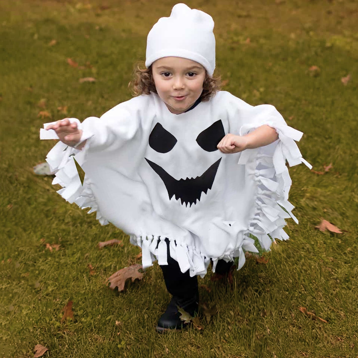 Ghost Halloween costume boy girl, Hooded cape cloak poncho black & white Trick or treat toddler, Cute spooky My first Halloween baby costume