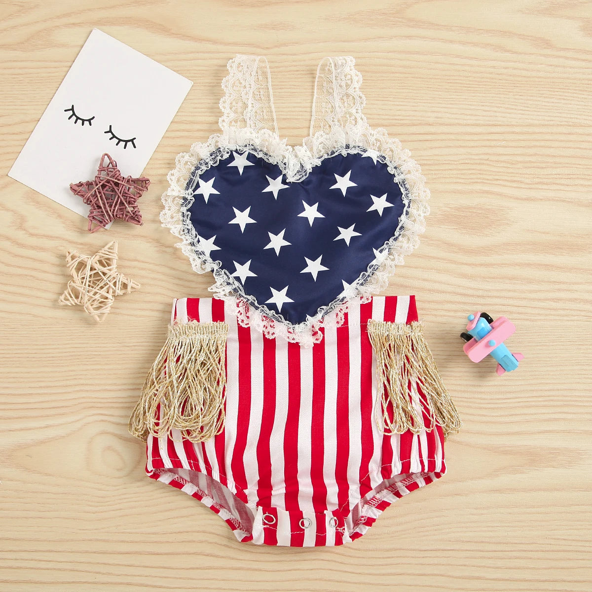 First Independence Day Baby Girl Lace Rompers, 4th of July Outfit, Newborn American Themed Photoshoot