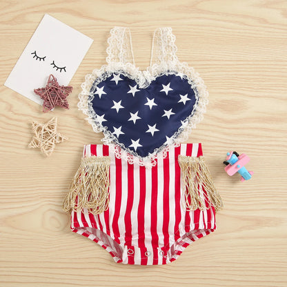 First Independence Day Baby Girl Lace Rompers, 4th of July Outfit, Newborn American Themed Photoshoot