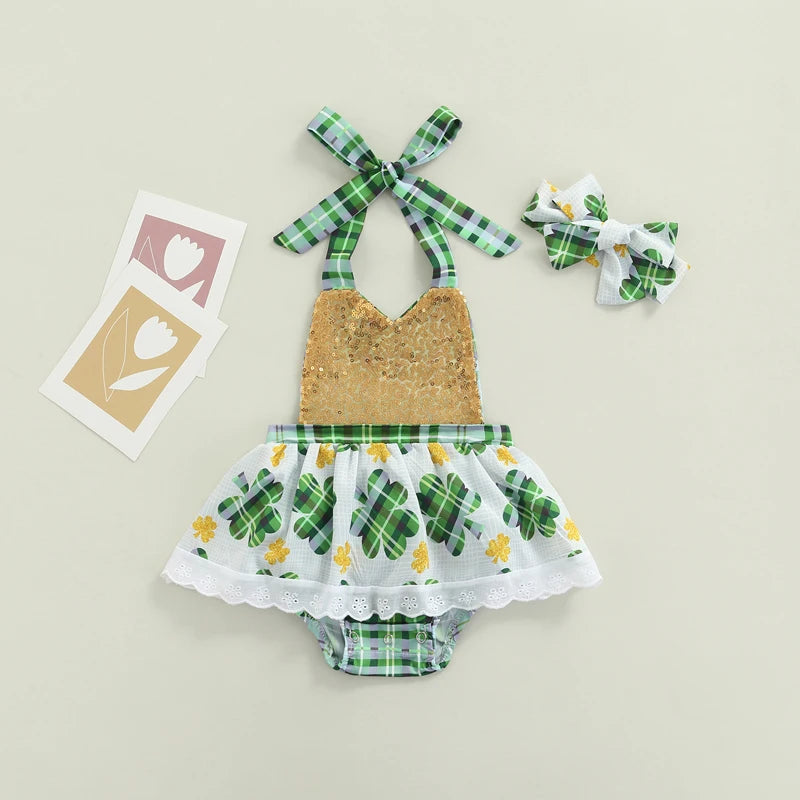 Baby Girl Romper Sundress with Gold Sequin and Lucky Clovers for St. Patricks Day for newborn and toddler girl