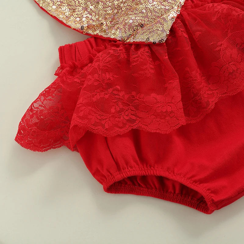 Valentines Day Baby Girl Outfit with Gold Sequin Heart, Red Lace Romper Dress