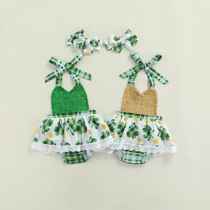 Baby Girl Romper Sundress with Gold Sequin and Lucky Clovers for St. Patricks Day for newborn and toddler girl