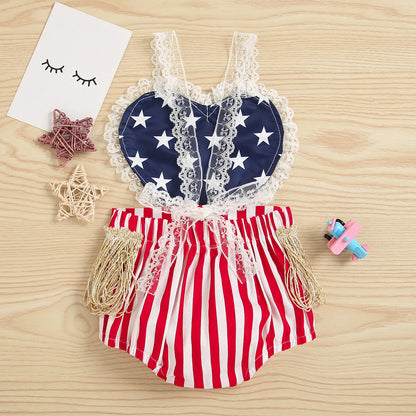 First Independence Day Baby Girl Lace Rompers, 4th of July Outfit, Newborn American Themed Photoshoot