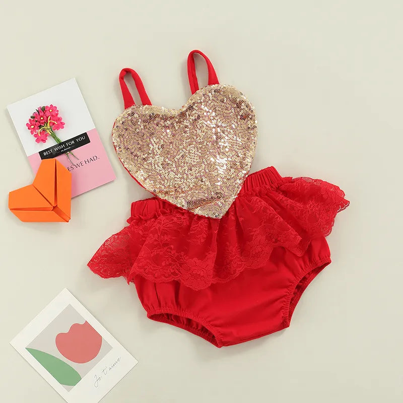 Valentines Day Baby Girl Outfit with Gold Sequin Heart, Red Lace Romper Dress