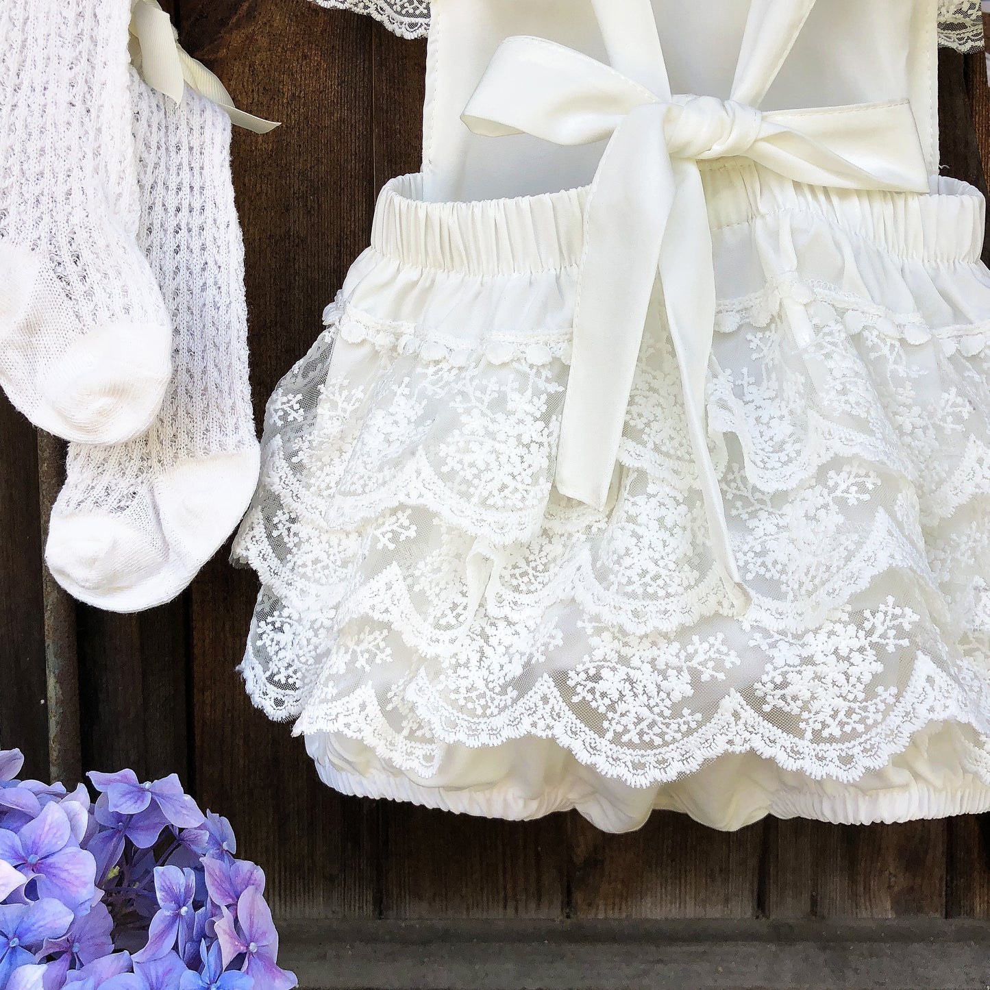 White Boho Lace Baby Girl Romper with Stockings for Special Occasion. First Birthday, Smash Cake, Baptism, Wedding Outfit