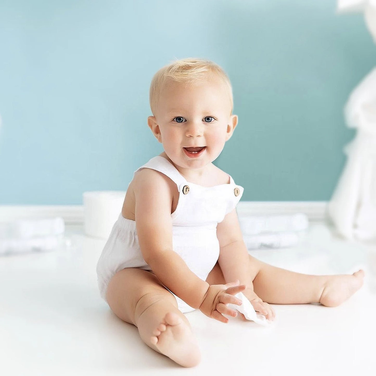 White Baby Boy Romper, First Birthday Smash Cake Outfit Boy, Newborn Linen Cotton Overalls