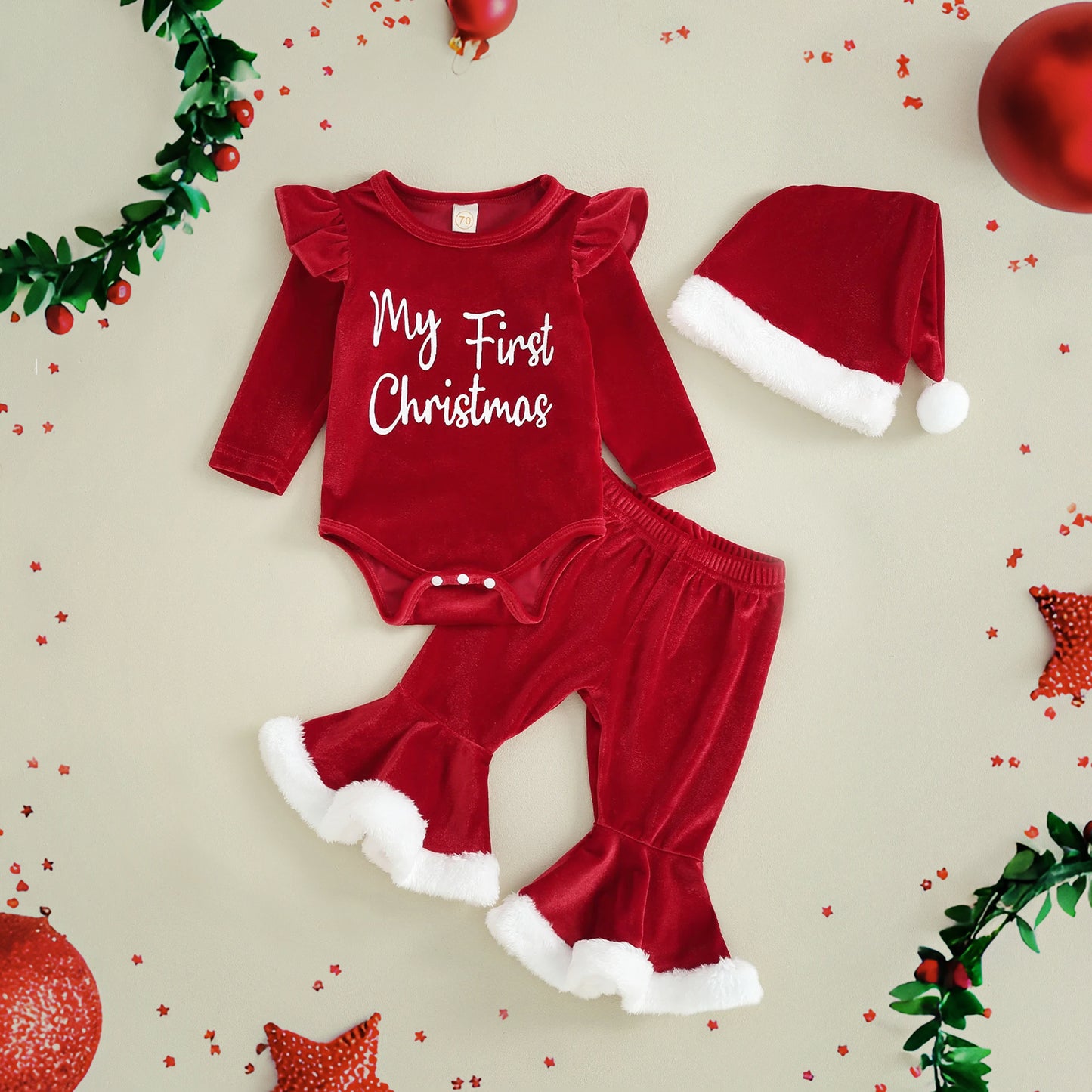 My First Christmas Baby Girl Outfit with Red Velvet Bell Bottoms & Santa Hat