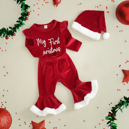 My First Christmas Baby Girl Outfit with Red Velvet Bell Bottoms & Santa Hat