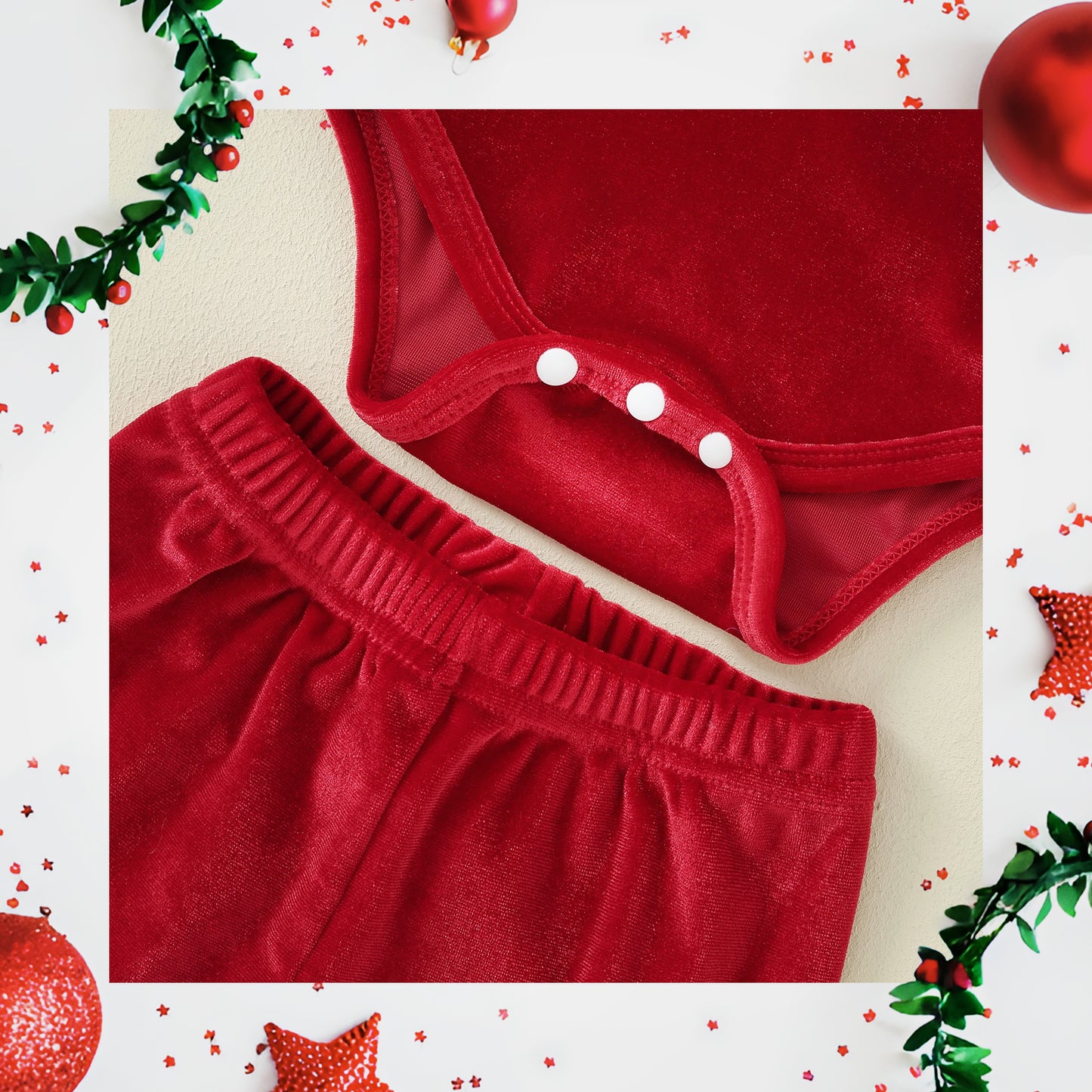 My First Christmas Baby Girl Outfit with Red Velvet Bell Bottoms & Santa Hat