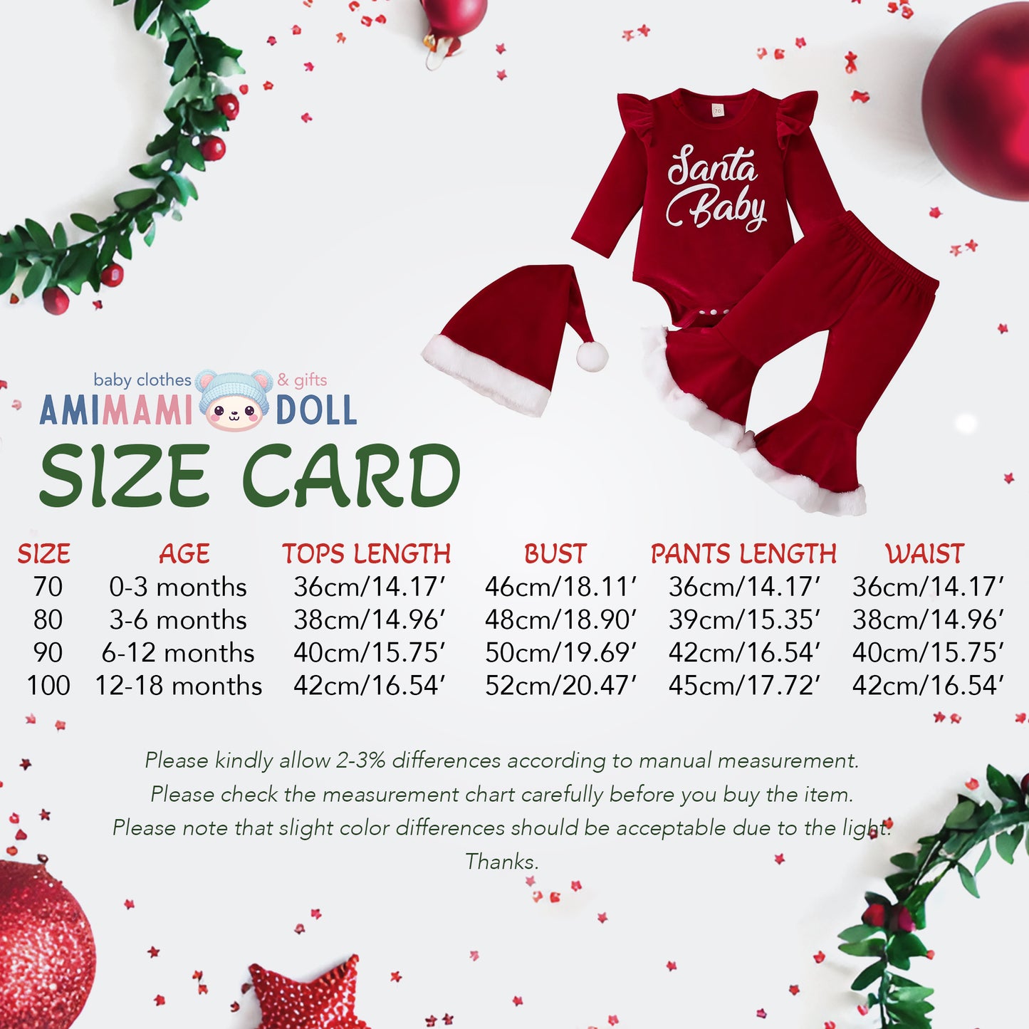 My First Christmas Baby Girl Outfit with Red Velvet Bell Bottoms & Santa Hat