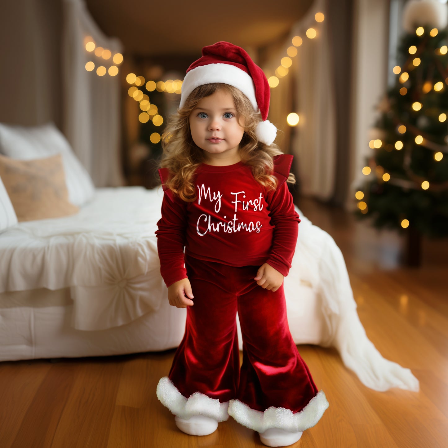 My First Christmas Baby Girl Outfit with Red Velvet Bell Bottoms & Santa Hat