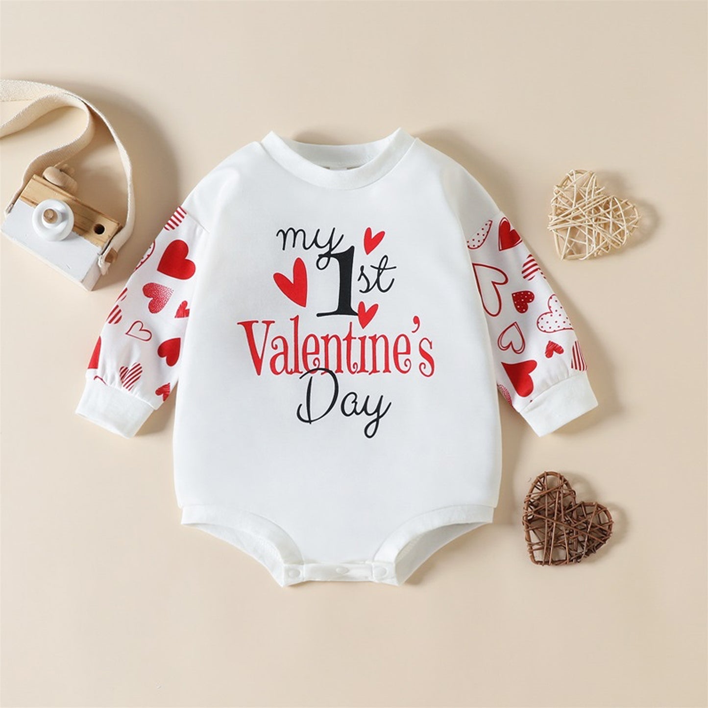 Baby Girls 1st Valentine's Day Romper Long Sleeve, White Sweatshirt Letter Heart Print