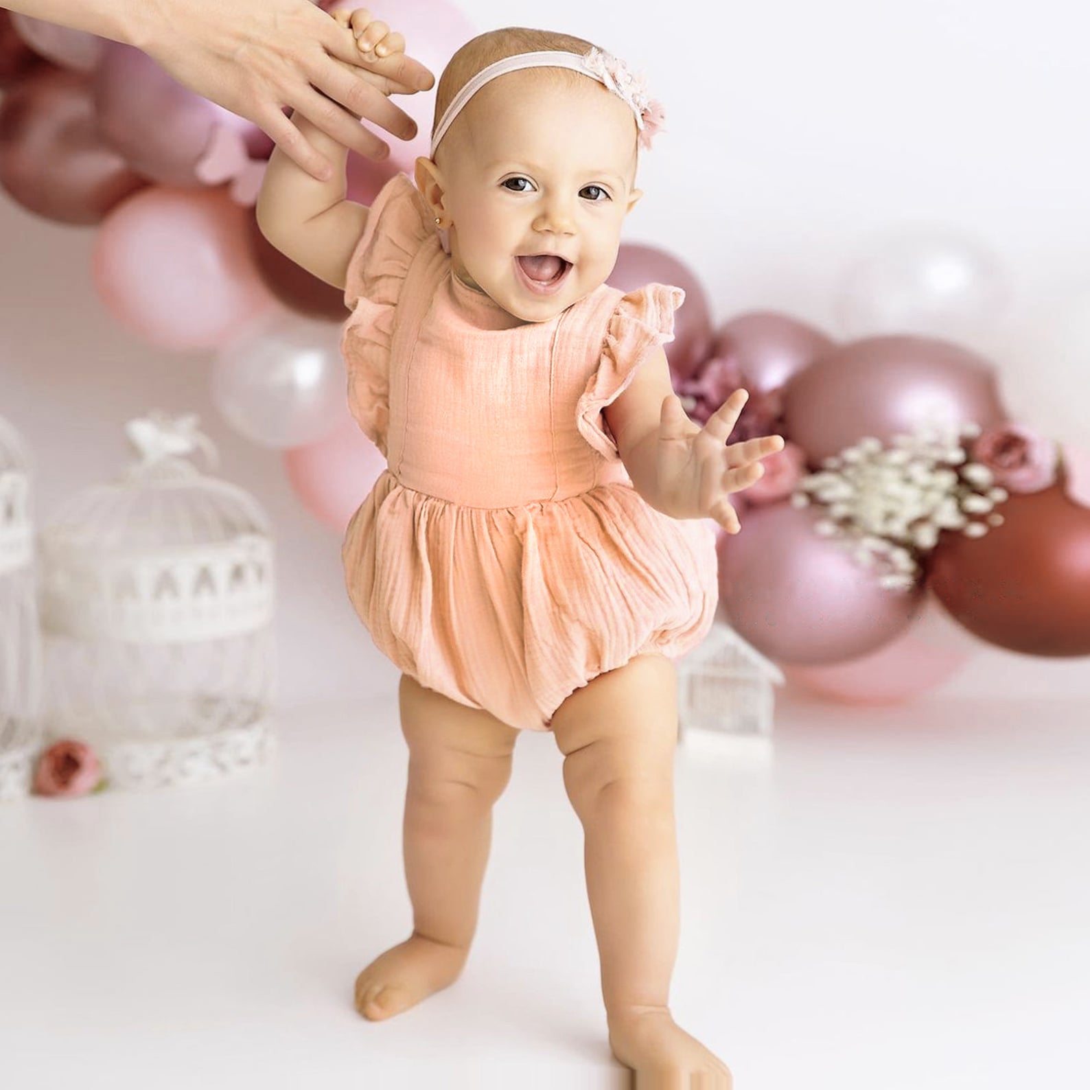 One year old girl summer holiday clothes, Cream Baby Girl Bubble Romper with Headband for 1st Birthday Outfit Girl, One Year Old Girl Smash Cake Photo