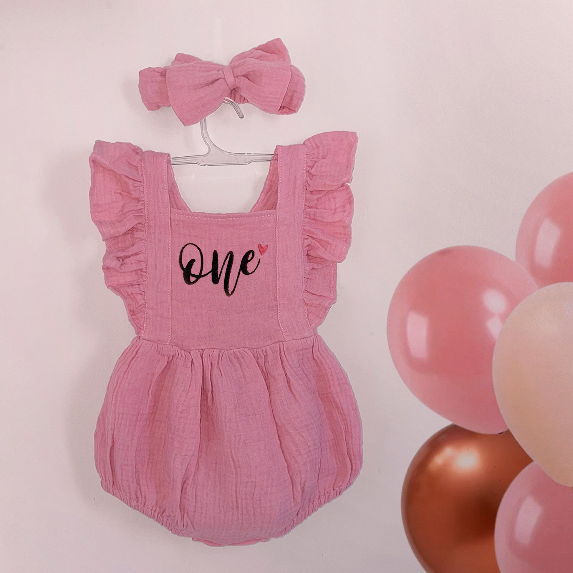 Personalized Baby Girl Bubble Romper with Custom Embroidery for ONE Birthday Cake Smash Outfit Girl, Summer Cotton Muslin Pink Playsuit