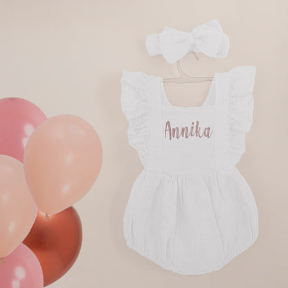 Personalized Baby Girl Bubble Romper with Custom Name Embroidery for First Birthday Cake Smash Outfit Girl, Summer Cotton Muslin White Playsuit