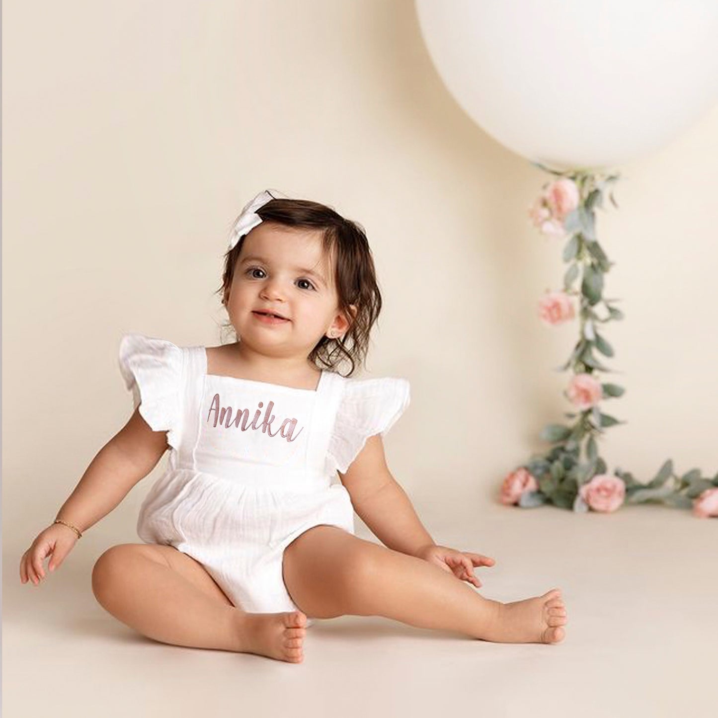 Personalized Baby Girl Bubble Romper with Custom Name Embroidery for First Birthday Cake Smash Outfit Girl, Summer Cotton Muslin White Playsuit