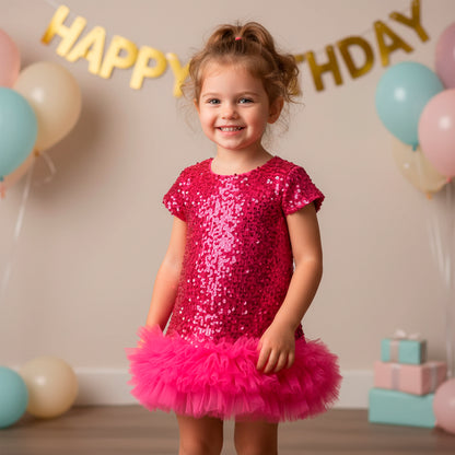 Toddler Girl Christmas Red Dress - Sparkle Sequin & Fluffy Tulle Ruffles