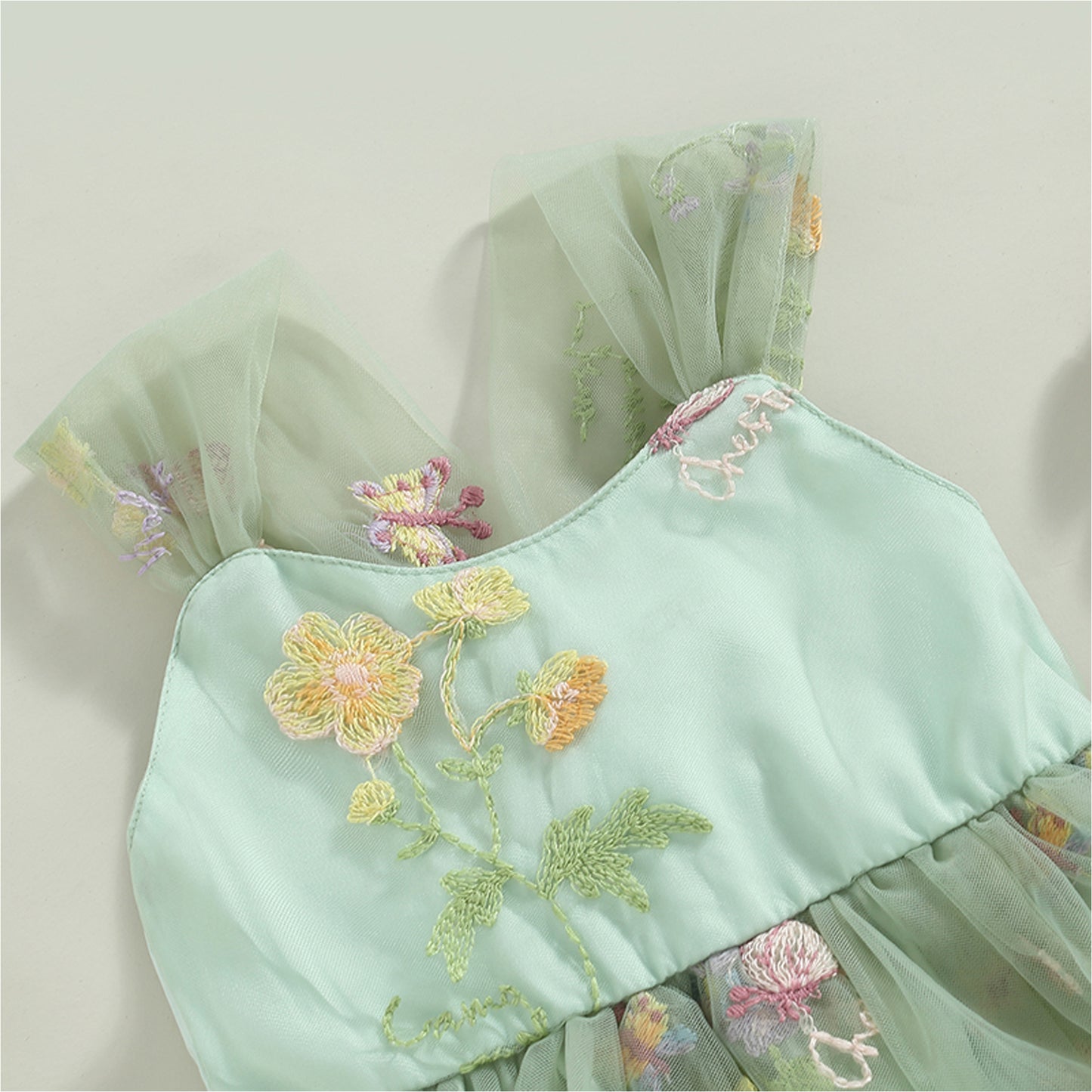 Sage Green Baby Girl Tulle Romper Dress with Floral Embroidery, Toddler Wedding Outfit