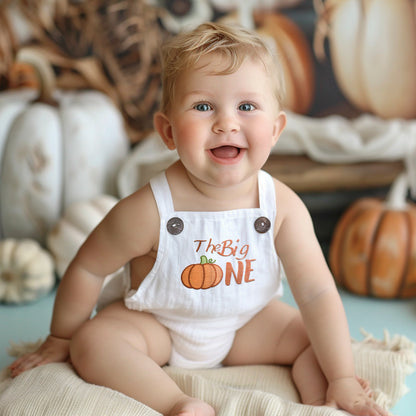 Pumpkin Baby Romper for Boy and Girl, Embroidered White Linen Overalls for Fall Halloween Cake Smash Photo