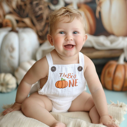 Pumpkin Baby Romper for Boy and Girl, Embroidered White Linen Overalls for Fall Halloween Cake Smash Photo